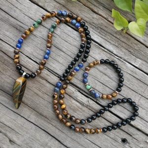 Collier et Bracelet avec Pendentif Pierre Roulée Oeil de Tigre