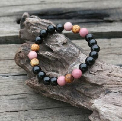 Bracelet en perles Onyx Noir - Rhodochrosite