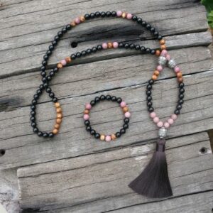 Mala 108 perles Onyx Noir - Rhodochrosite + Bracelet assorti