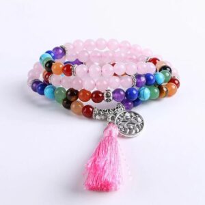 Bracelet ou collier Mâlâ 7 Chakras "Arbre de Vie" en Quartz Rose