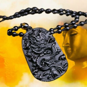 Collier & amulette "Dragon Chanceux" en Obsidienne Noire