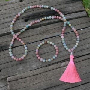 Mala 108 perles Rhodochrosite - Amazonite - Quartz Rose + Bracelet assorti