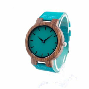 Montre à Quartz en bois de bambou & cuir bleu