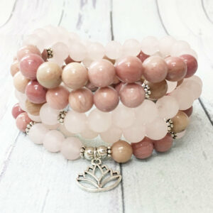 Bracelet ou Collier Mâlâ  "Lotus" en Rhodonite et Quartz Rose