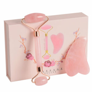 Coffret - Rouleau de Massage et Pierre Gua Sha en Quartz Rose pour le Visage