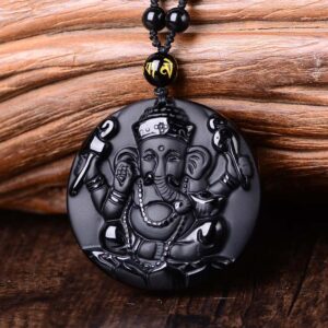 Collier et Pendentif Ganesh en Obsidienne