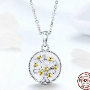 Collier et Pendentif en Nacre, Argent 925 plaqué or "Amour & Arbre de Vie "