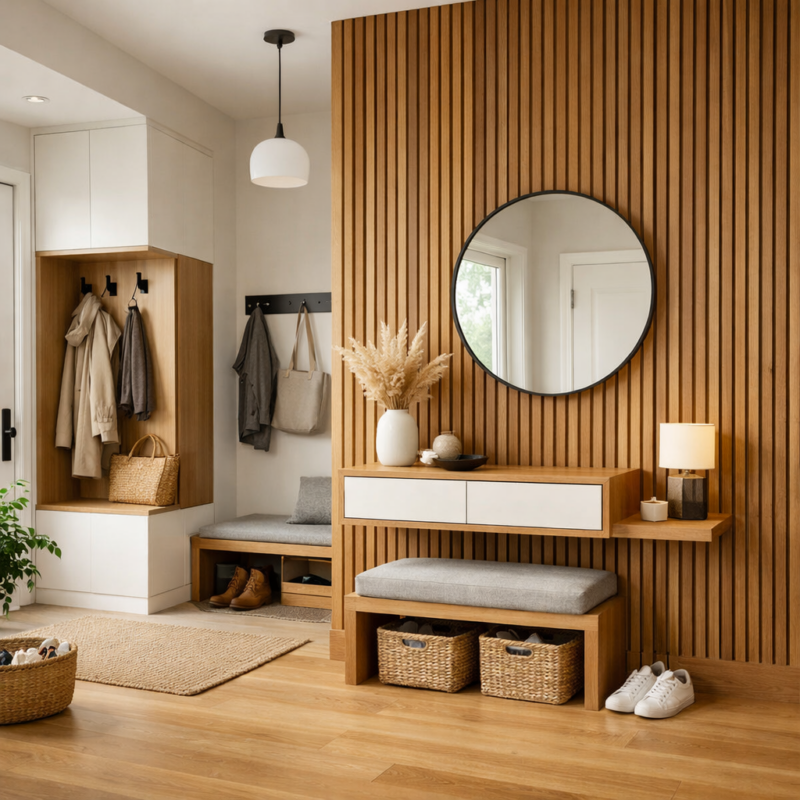 Hall scandinave moderne : mur en lames de bois pour une entrée ...