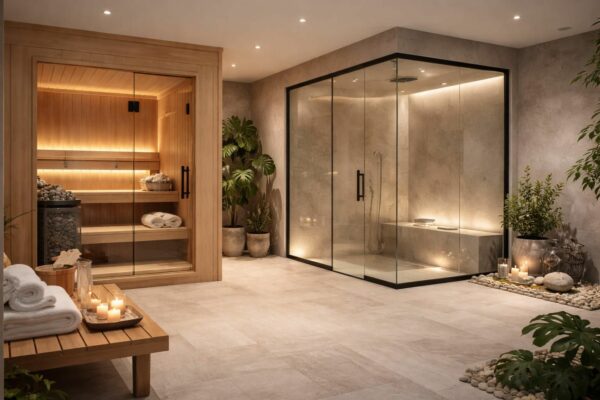 transformez votre maison en un spa zen avec un sauna holl, un hammam relaxant et un carrelage effet pierre naturelle pour une ambiance apaisante et élégante.