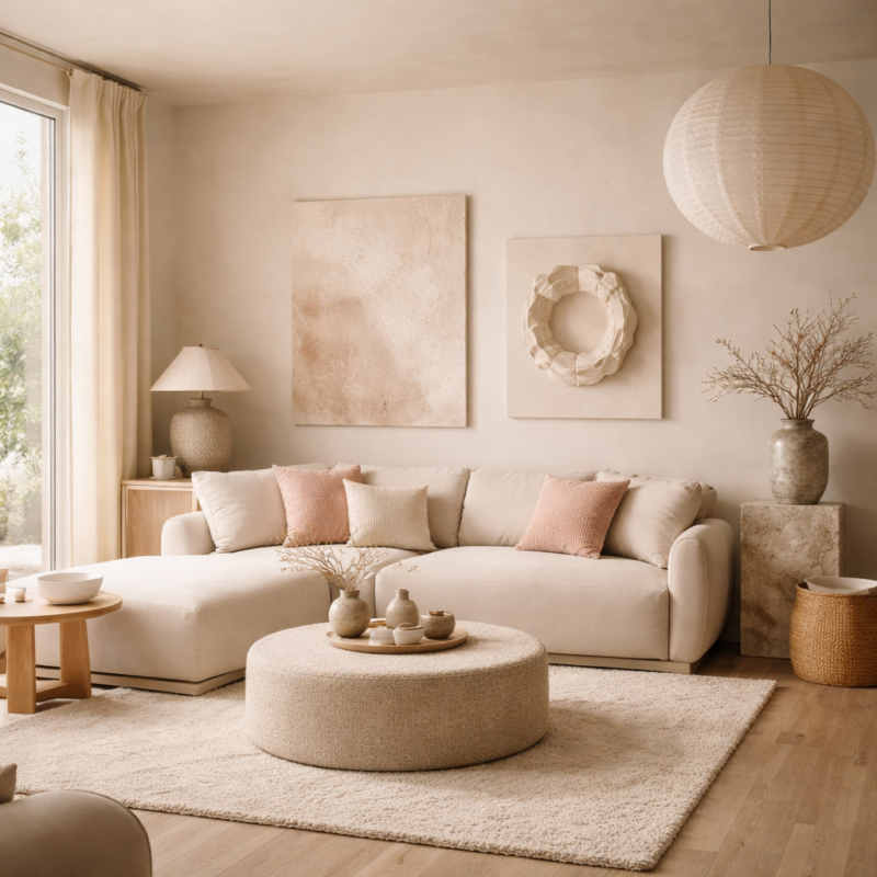 Salon minimaliste rose, crème et beige : déco scandinave cosy et art ...