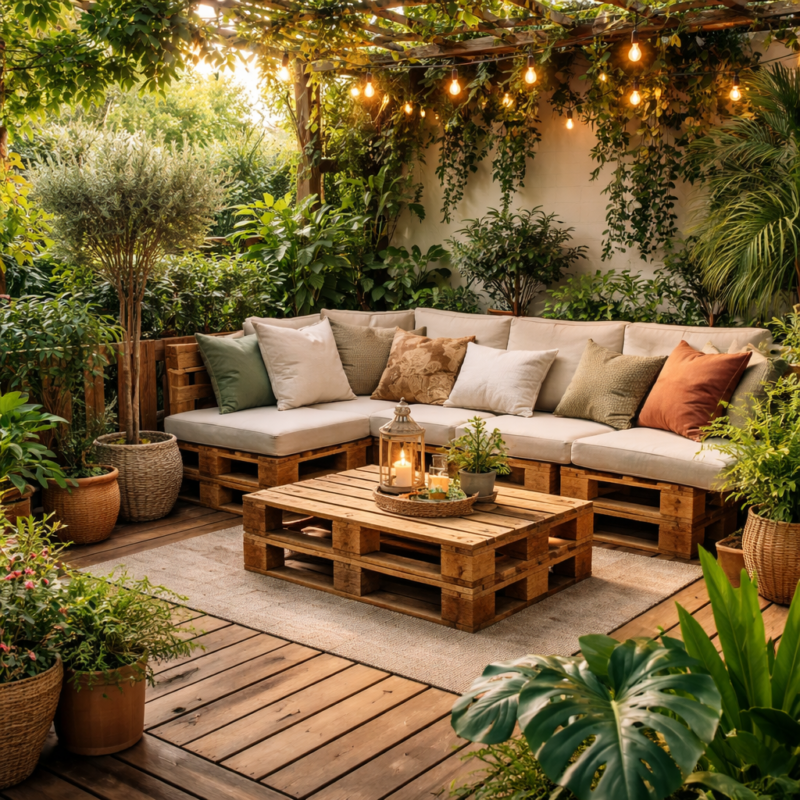 Patio chaleureux avec palettes en bois et végétation — idées et guide ...