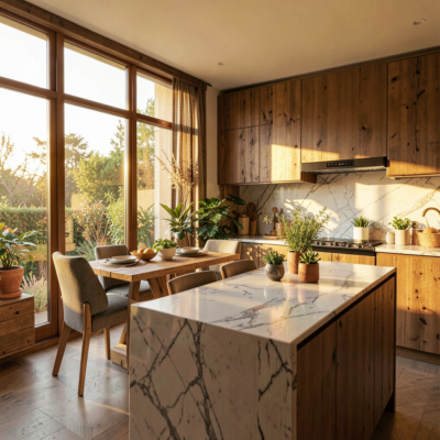 Cuisine moderne utilisant du granit et des éléments organiques pour un look chaleureux