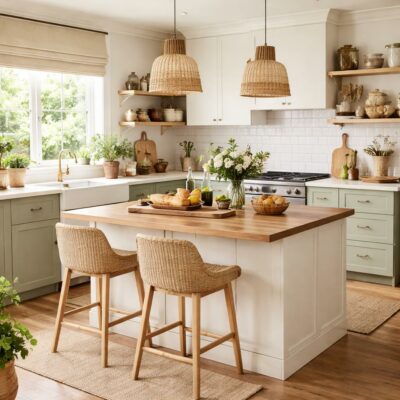 Cuisine cozy en bois clair avec étagères ouvertes, plantes vertes et lumière naturelle douce