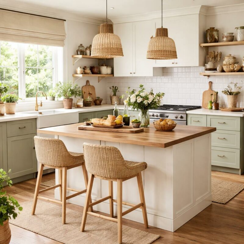 Cuisine cozy en bois clair avec étagères ouvertes, plantes vertes et lumière naturelle douce