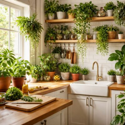 Cuisine lumineuse avec des plantes vertes posées sur un rebord de fenêtre pour une décoration cozy et naturelle.