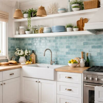 Cuisine lumineuse avec crédence en carrelage bleu céladon style bord de mer et plan de travail en bois clair