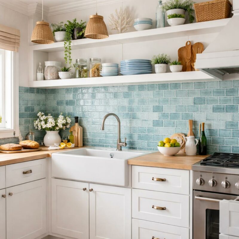 Cuisine lumineuse avec crédence en carrelage bleu céladon style bord de mer et plan de travail en bois clair