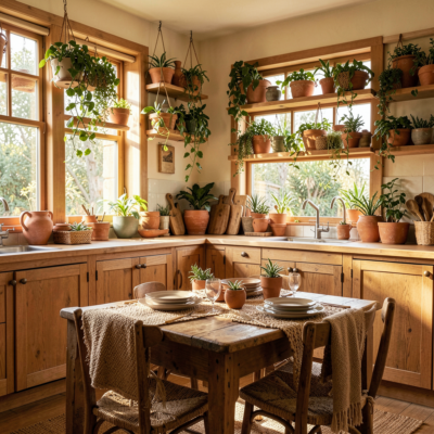 Placards en bois clair et tons terracotta pour une cuisine bohème chaleureuse
