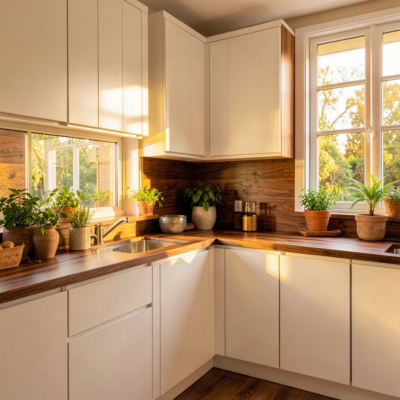 Comptoirs en noyer brillant avec des armoires blanches élégantes en cuisine