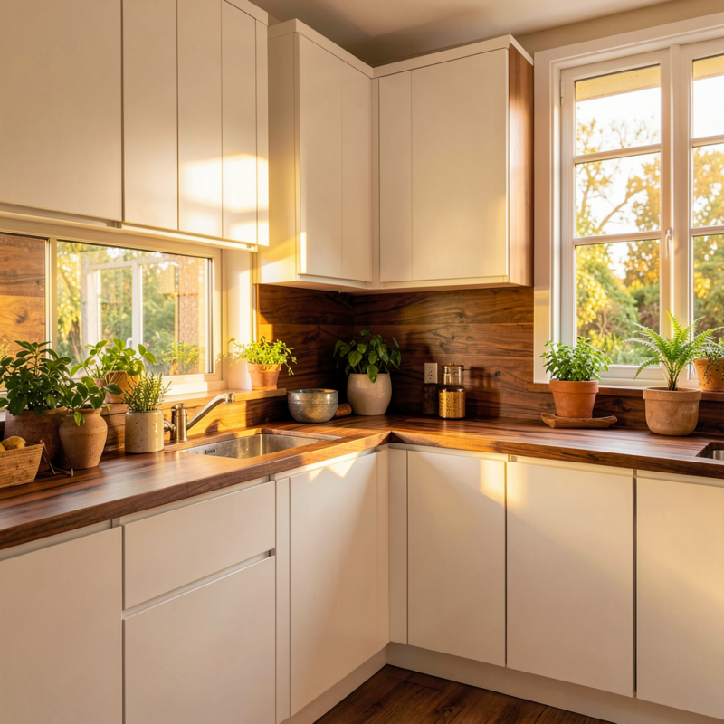 Comptoirs en noyer brillant avec des armoires blanches élégantes en cuisine