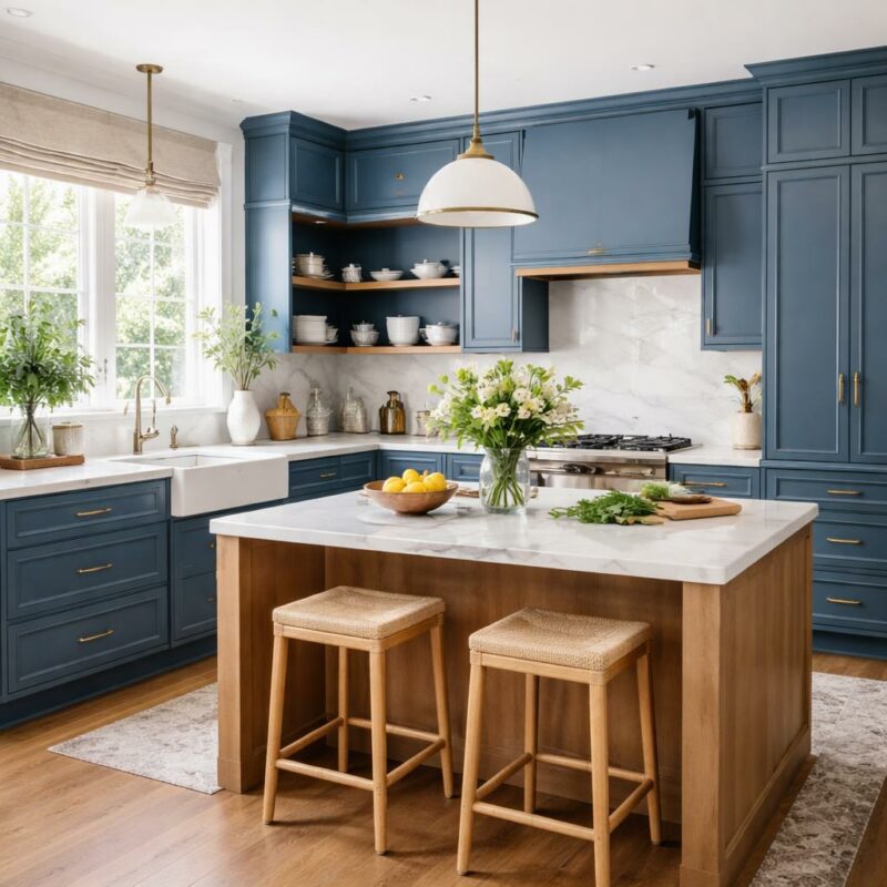 Cuisine bleue aux façades bleu fumé et murs blancs, avec plan de travail en marbre gris, style contemporain cosy