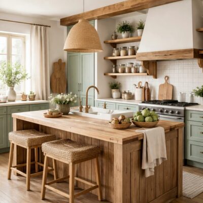 Cuisine champêtre chic avec façades vert sauge, plan de travail en bois brut et étagères ouvertes en bois naturel.