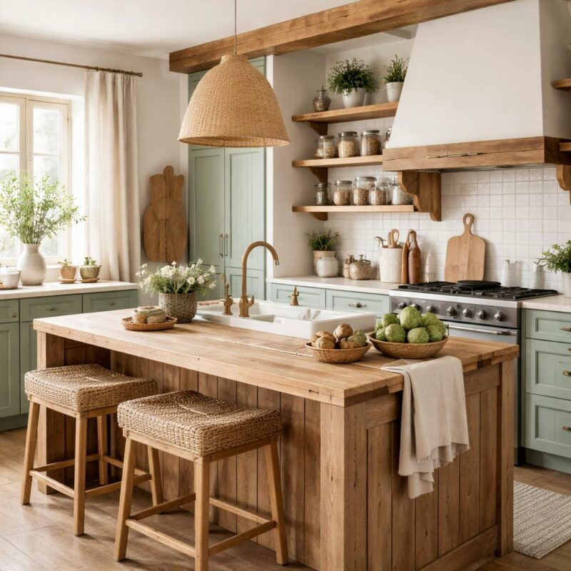Cuisine champêtre chic avec façades vert sauge, plan de travail en bois brut et étagères ouvertes en bois naturel.
