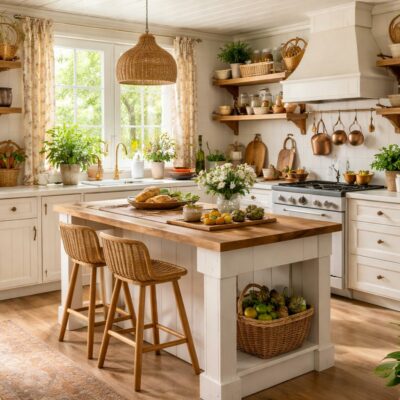 Cuisine cottage avec meubles peints en vert sauge, plan de travail en bois et évier Belfast dans une maison cozy