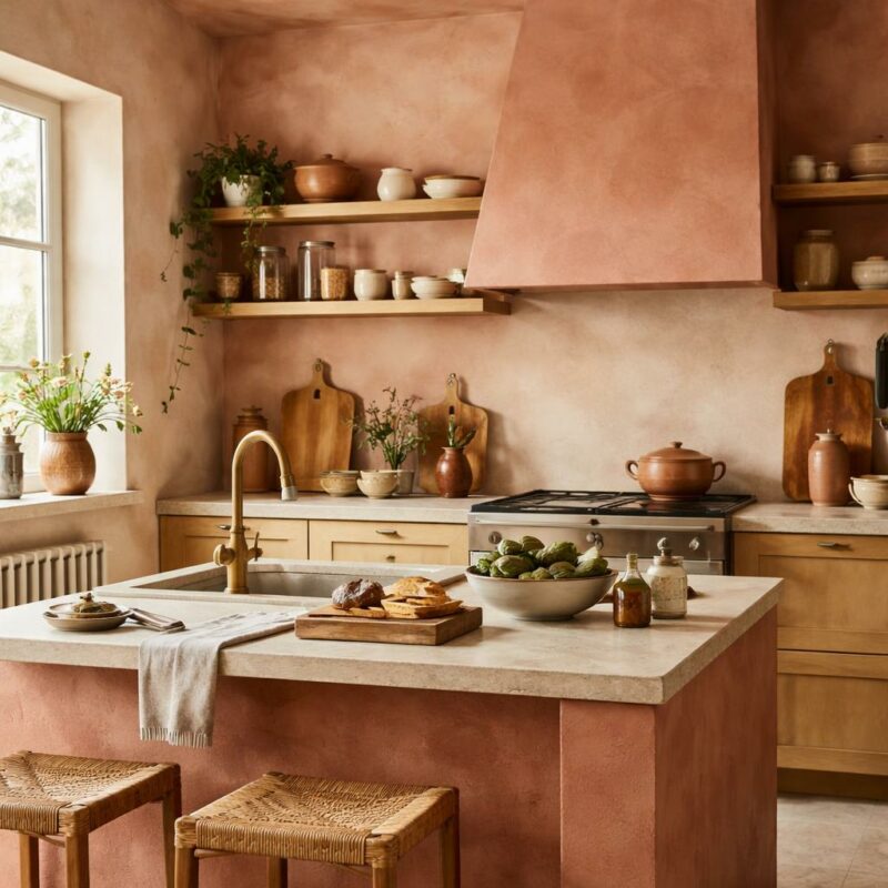 Cuisine aux murs en enduit clay vieux rose avec meubles en bois naturel, style rétro campagne chaleureux