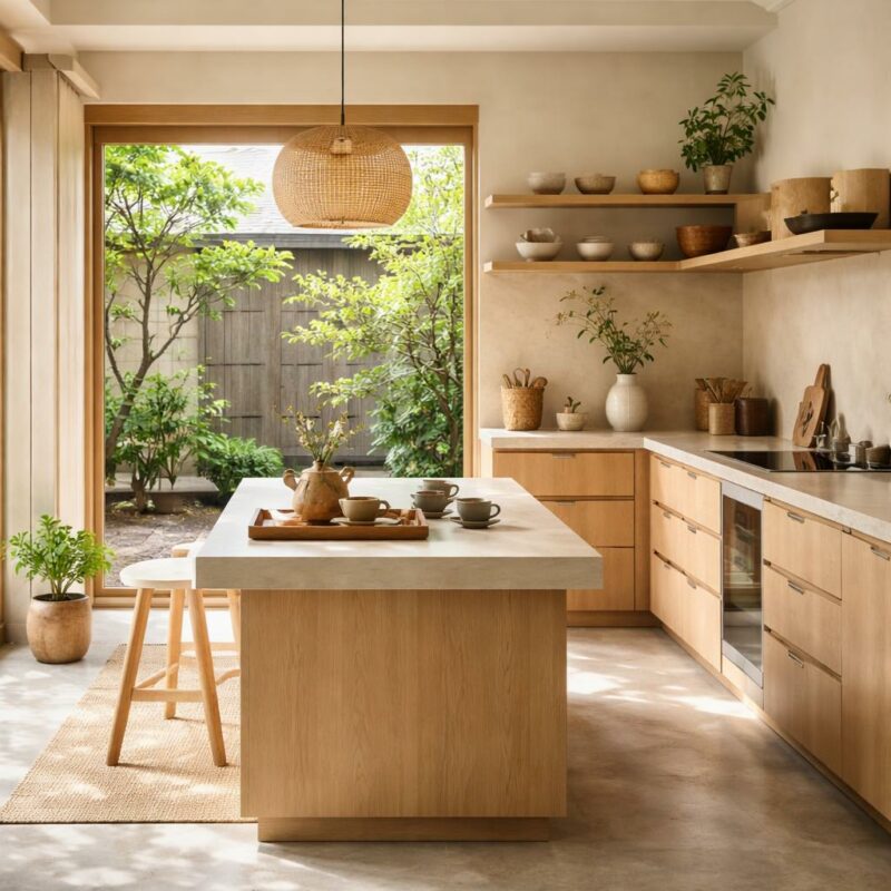 Cuisine épurée d'inspiration japonaise zen avec plan de travail en bois clair et accessoires en céramique mate