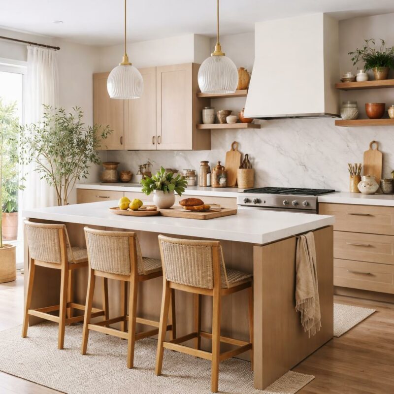 Cuisine moderne ouverte avec façades en chêne clair et plans de travail en pierre, décoration cozy et chaleureuse