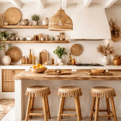 Cuisine lumineuse style Ibiza boho avec facades en bois naturel, céramiques artisanales et plantes sur le plan de travail, ambiance cozy méditerranéenne