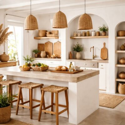 Cuisine lumineuse style Ibiza boho avec facades en bois naturel, céramiques artisanales et plantes sur le plan de travail, ambiance cozy méditerranéenne