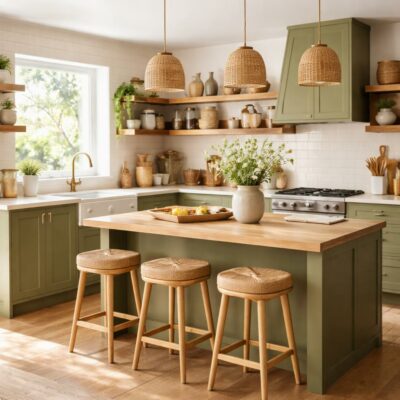 Cuisine moderne avec meubles vert olive mat, plan de travail en bois clair et îlot central convivial