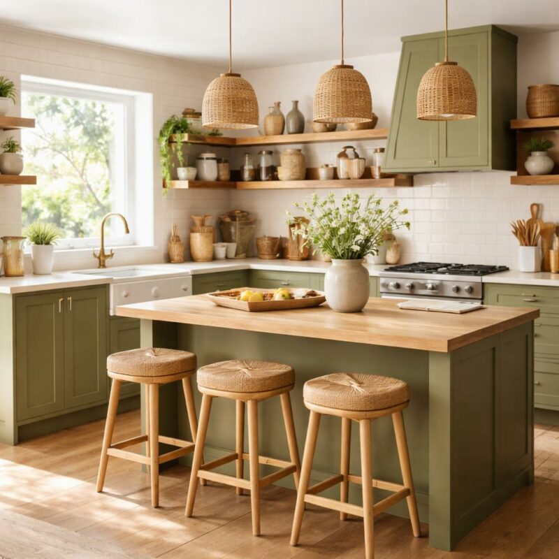 Cuisine moderne avec meubles vert olive mat, plan de travail en bois clair et îlot central convivial