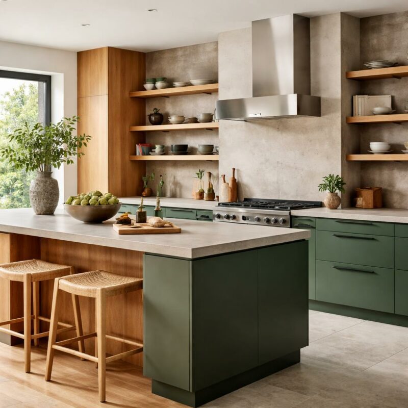 Cuisine moderne avec façades vertes, plan de travail en bois clair et crédence effet béton ciré