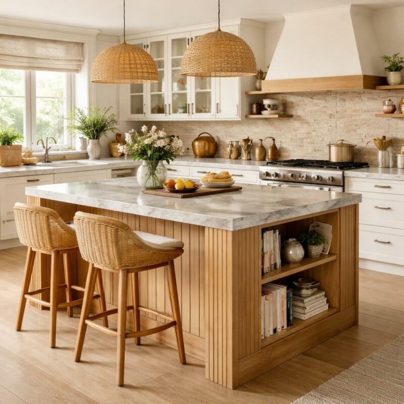 Cuisine ouverte avec îlot central en bois et plan de travail en marbre blanc, style cozy et design