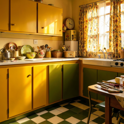 Placards en bois vintage peints en turquoise, style cuisine 70's rénovée