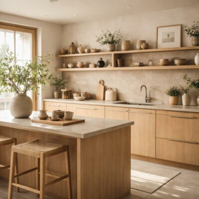 Cuisine Japandi avec façades en bois clair, plan de travail en pierre et vaisselle en céramique artisanale dans une ambiance cozy et épurée