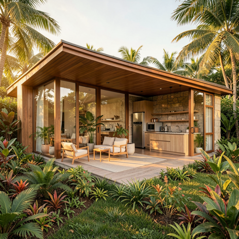 Exterieur de Villa Sawah avec toits en pierres naturelles et végétation intégrée dans les murs.