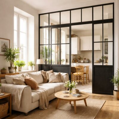 Verrière intérieure en métal noir dans un petit salon lumineux et cosy avec parquet clair et plantes vertes