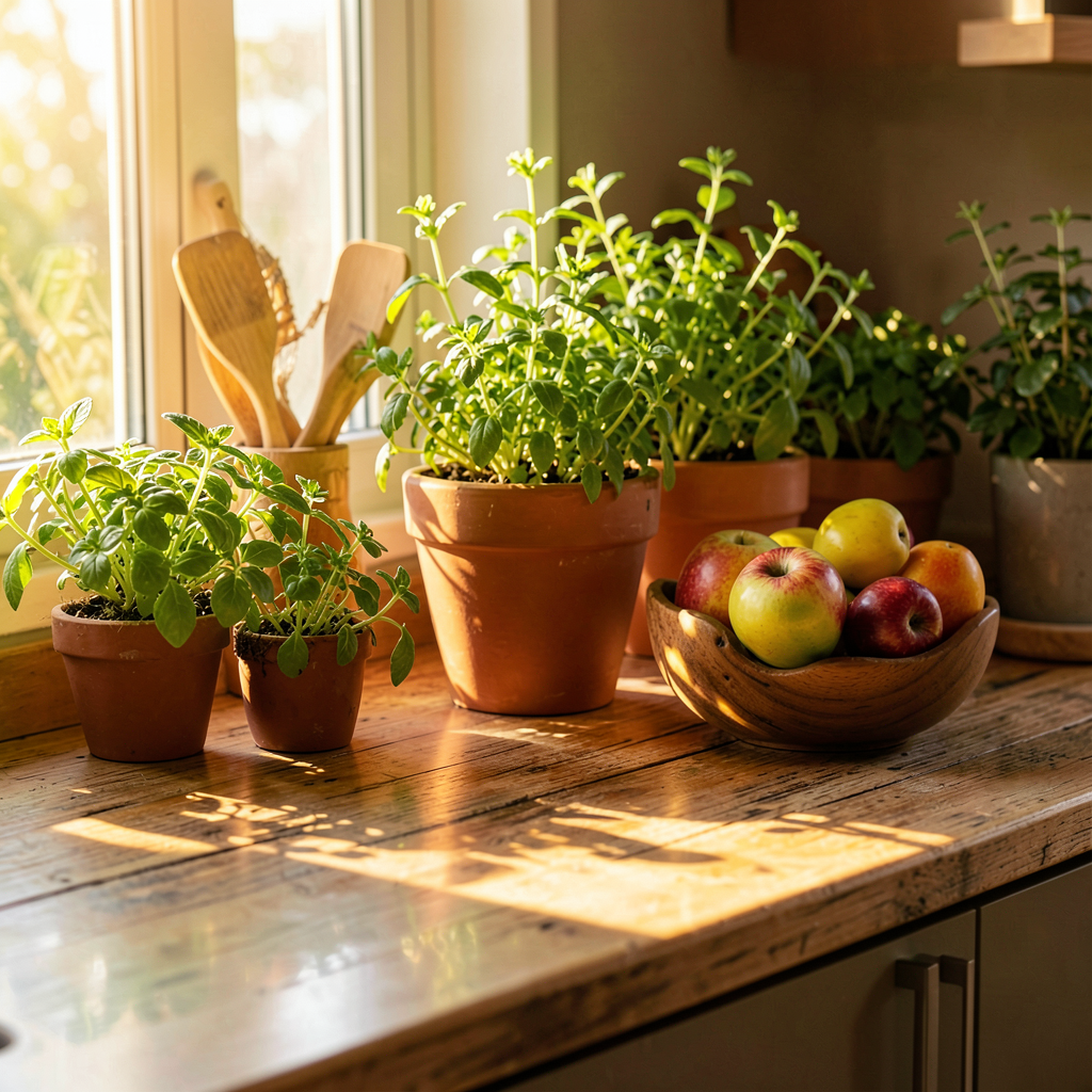 Îlot central en métal et pierre, éclairé par une fenêtre donnant sur un jardin