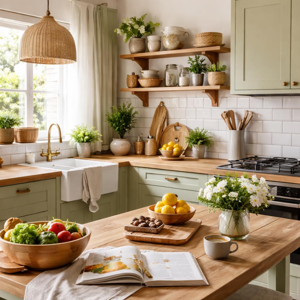 Plan de travail en bois avec ustensiles posés et petites plantes aromatiques dans une cuisine décorée avec soin