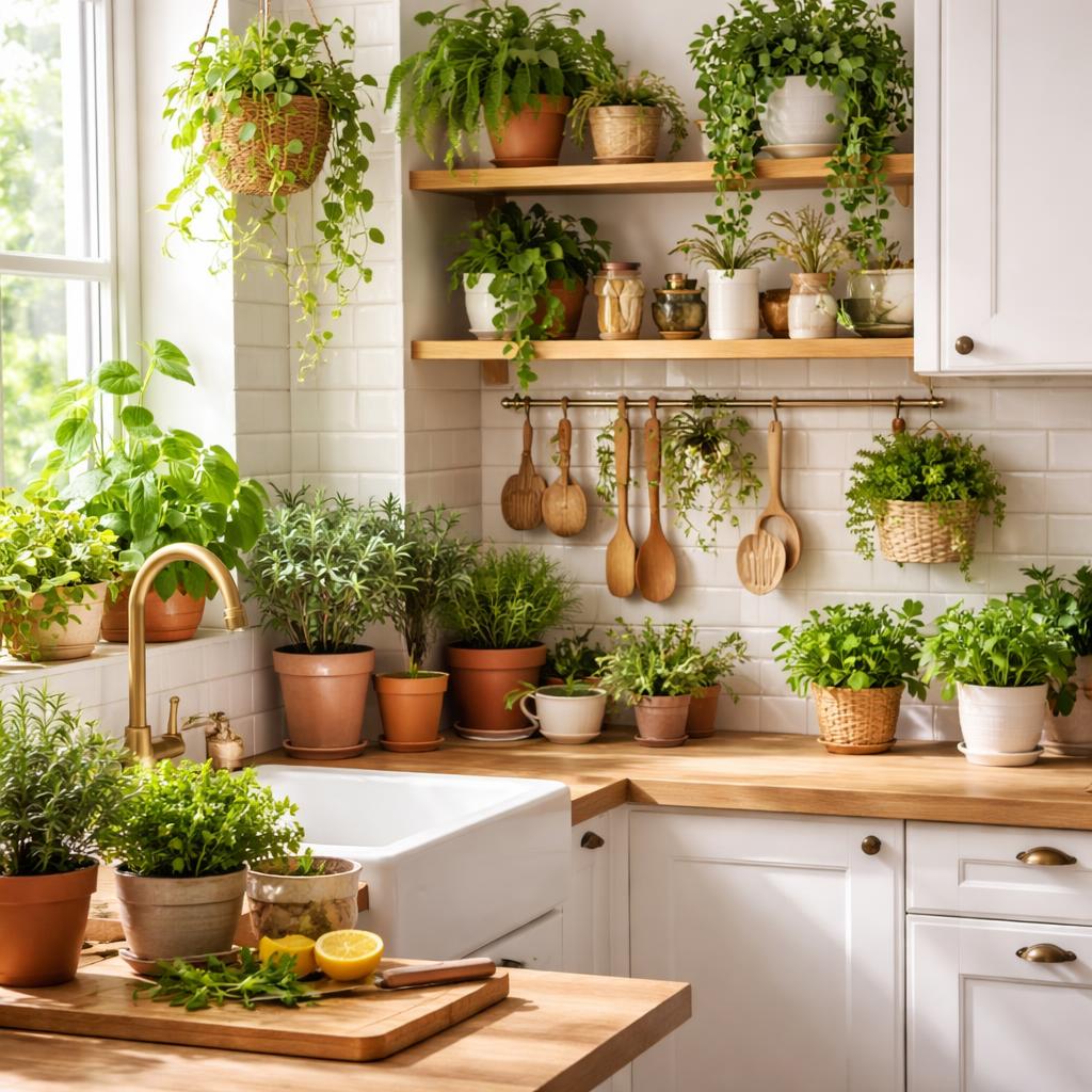 Étagère murale en bois avec des petits pots de plantes aromatiques dans une cuisine décorée avec soin.
