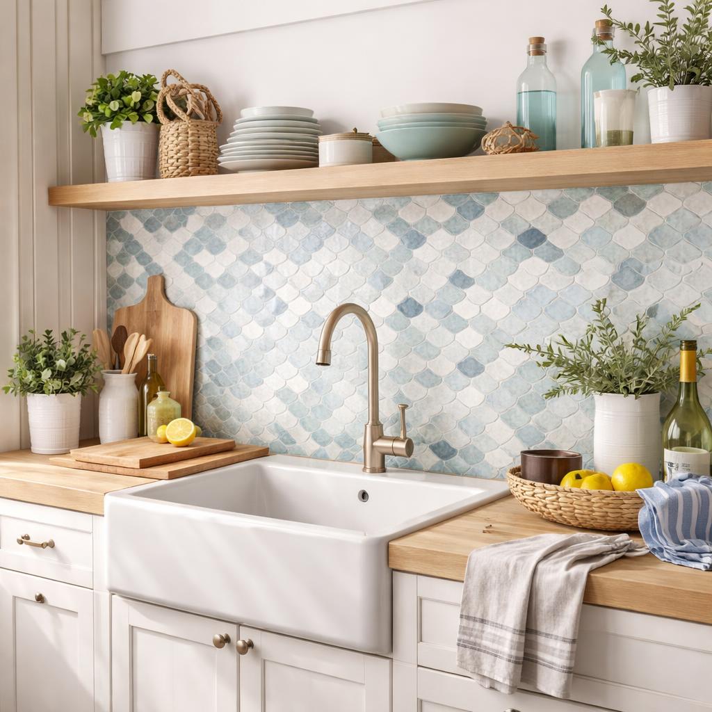 Détail d'une crédence coastal en zellige blanc nacré dans une cuisine cosy aux tons naturels