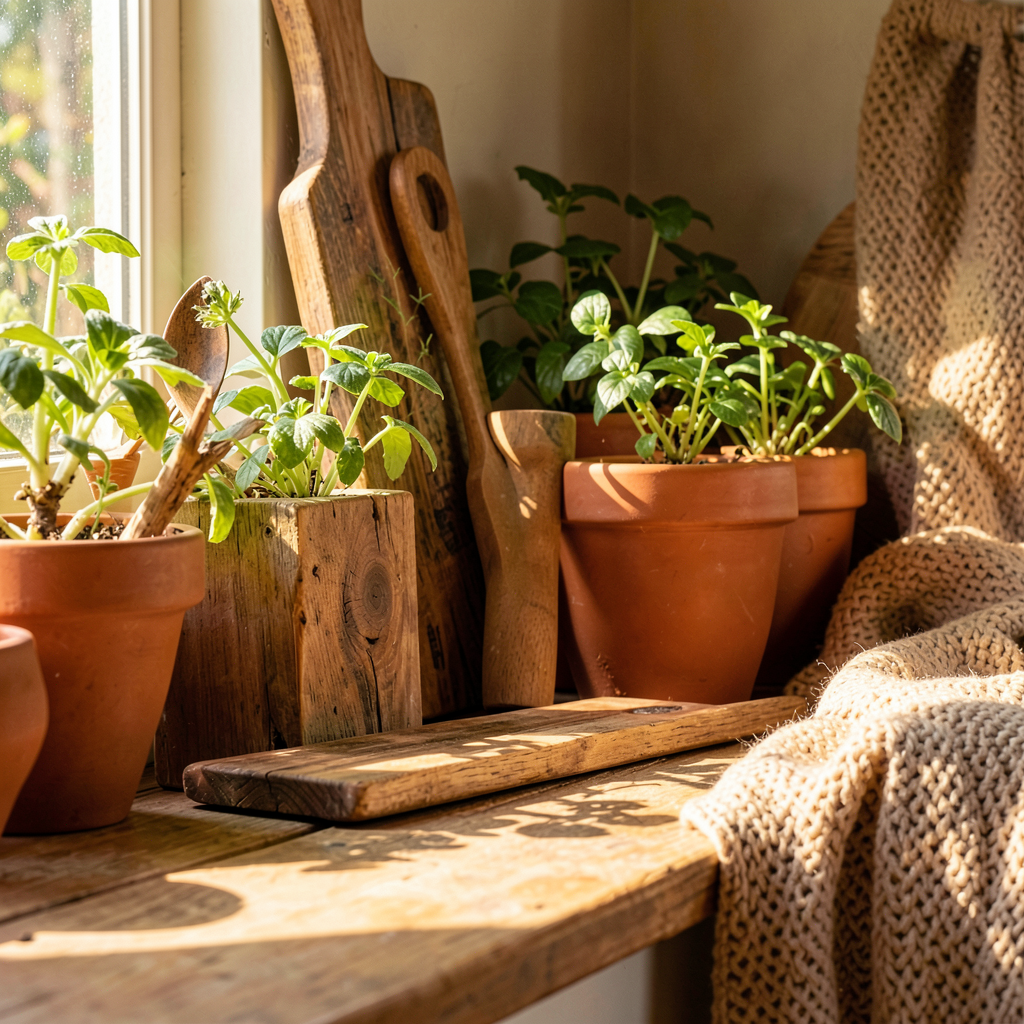 Étagères en bois naturel et couleurs chaudes dans une cuisine vintage moderne