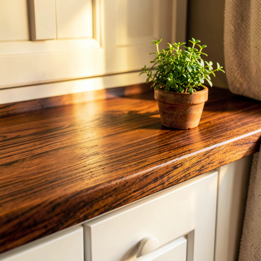 Surface de comptoir en noyer chaleureux avec des meubles blancs modernes