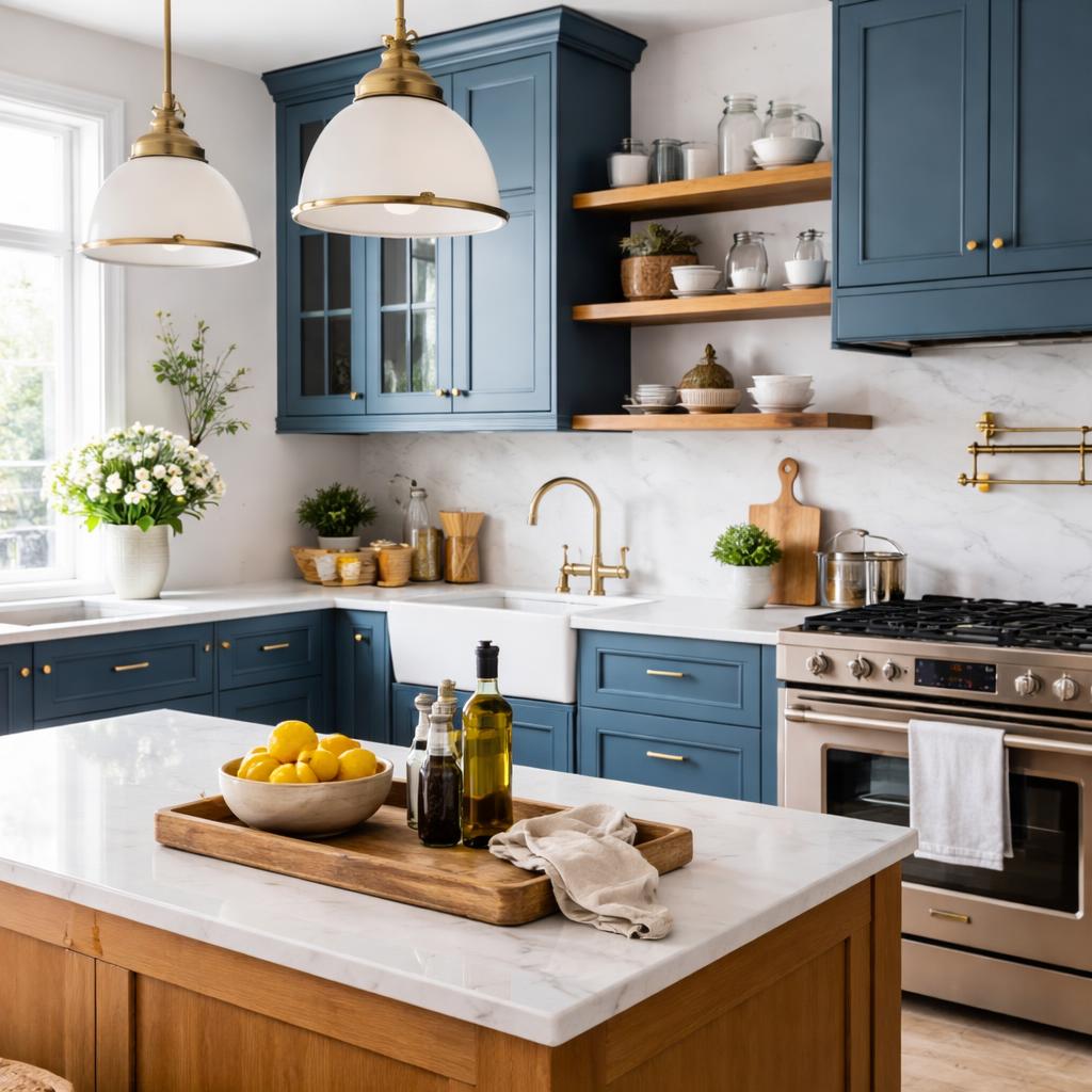Détail d'une cuisine bleue foncée associée à des éléments en bois naturel et une crédence claire