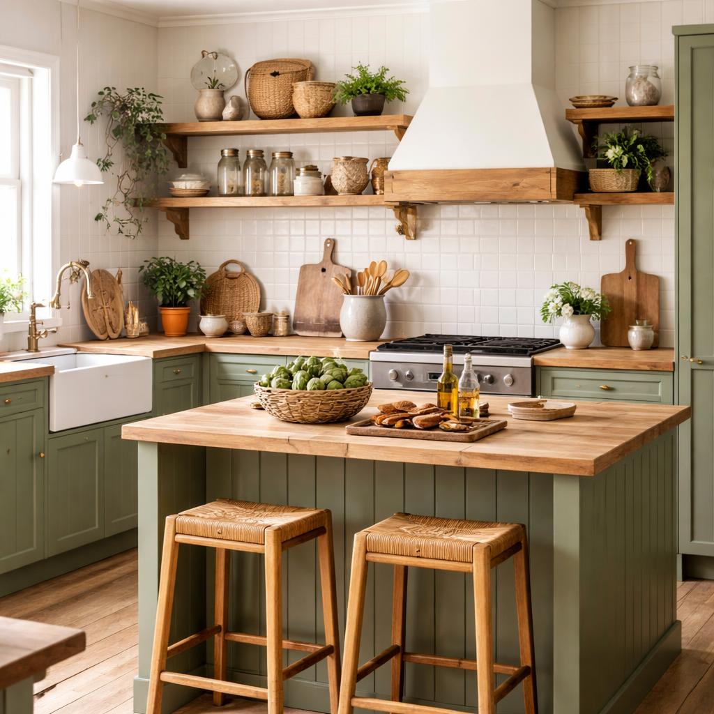 Détail d'un îlot de cuisine rustique en vert sauge entouré de tabourets tressés et d'accessoires en bois brut.