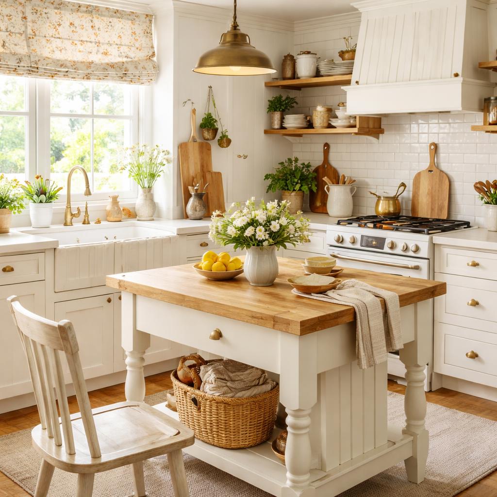 Détail de vaisselle ancienne exposée sur une étagère ouverte dans une cuisine au style cottage chaleureux